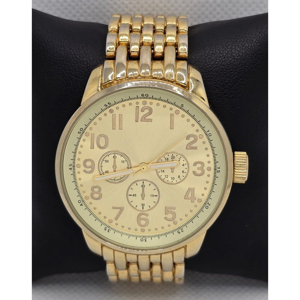 Unisex FMD Round Gold Dial Gold Tone Case Link Band With Chronograph Watch 04